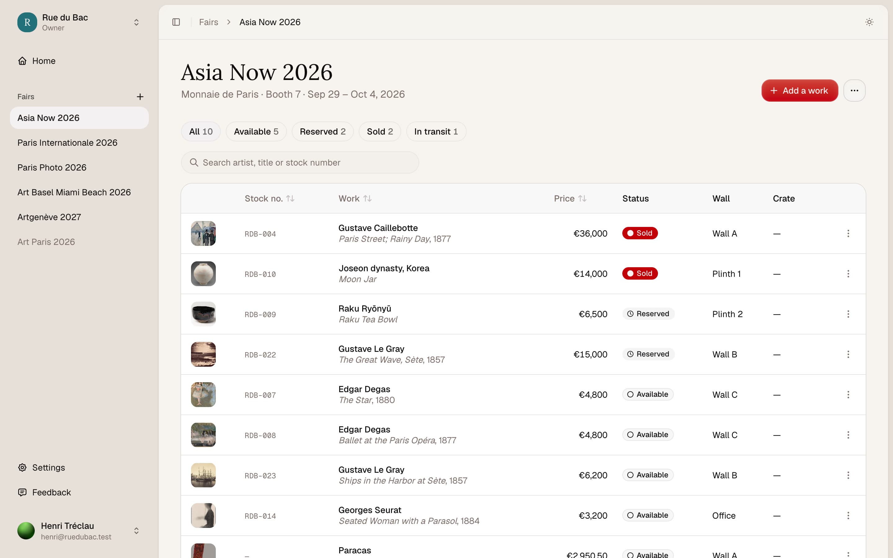 A fair in Pastil: ten works with their images, prices and statuses, two of them sold.